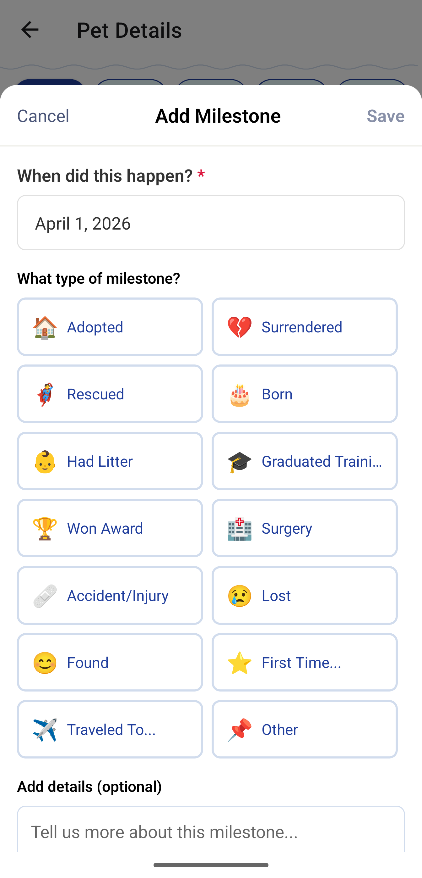 Trovvy milestones screen showing celebrations and pet memories
